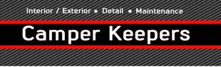 Logo for Camper Keepers, with "Interior / Exterior &bull; Detail &bull; Maintenance" above and "Camper Keepers" in white on a black and red bar.