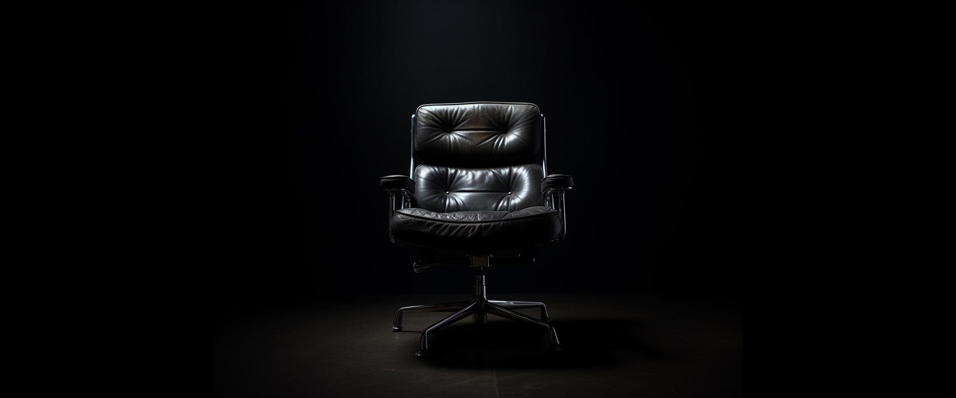 workplace investigations image of a black leather office chair is sitting in a dark room .