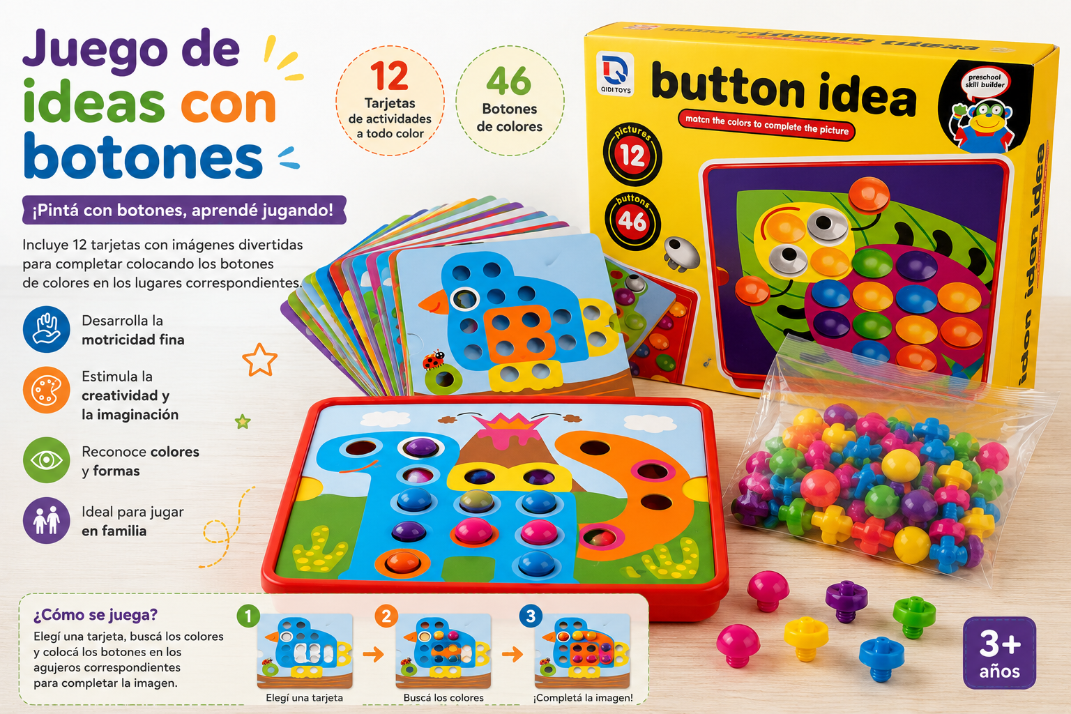 Juego de Ideas con Botones – 12 tarjetas + 46 botones de colores