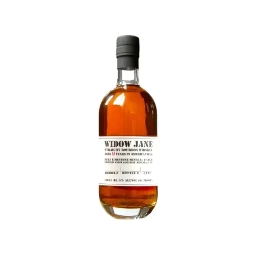 Bottle of Widow Jane bourbon whiskey, amber liquid with a dark gray cap.