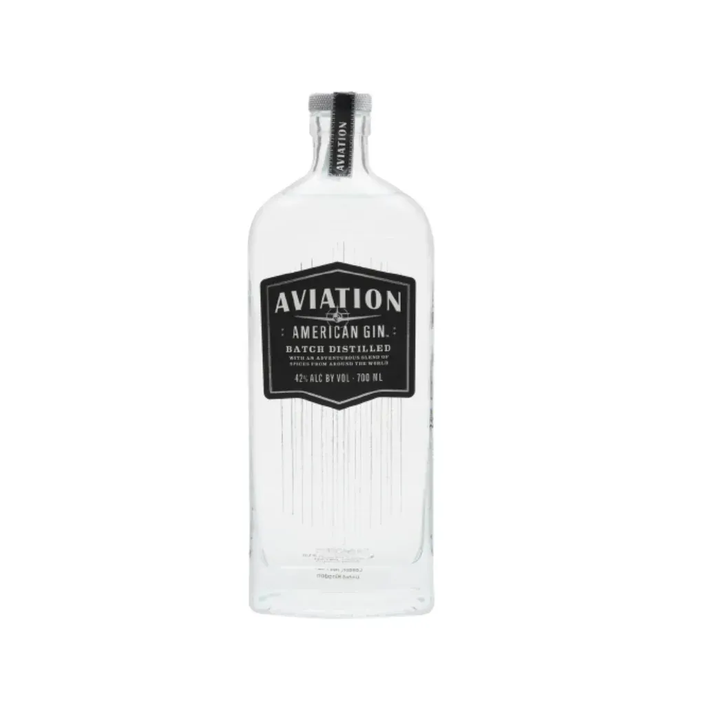 Bottle of Aviation American Gin with a black and white label.