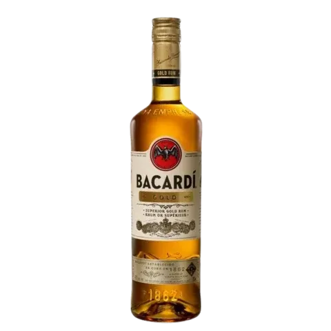 Bottle of Bacardí Gold rum, amber liquid, gold cap and label, white background.