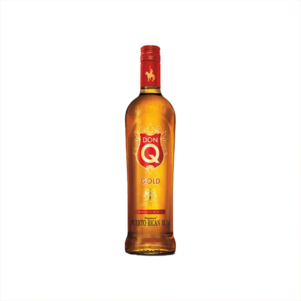 Don Q Gold rum bottle, red and gold label, white background.
