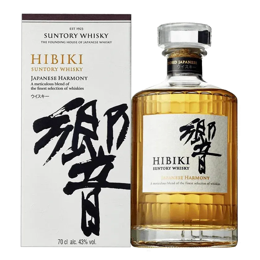 Bottle of Hibiki Japanese Harmony whisky with a white label and box.