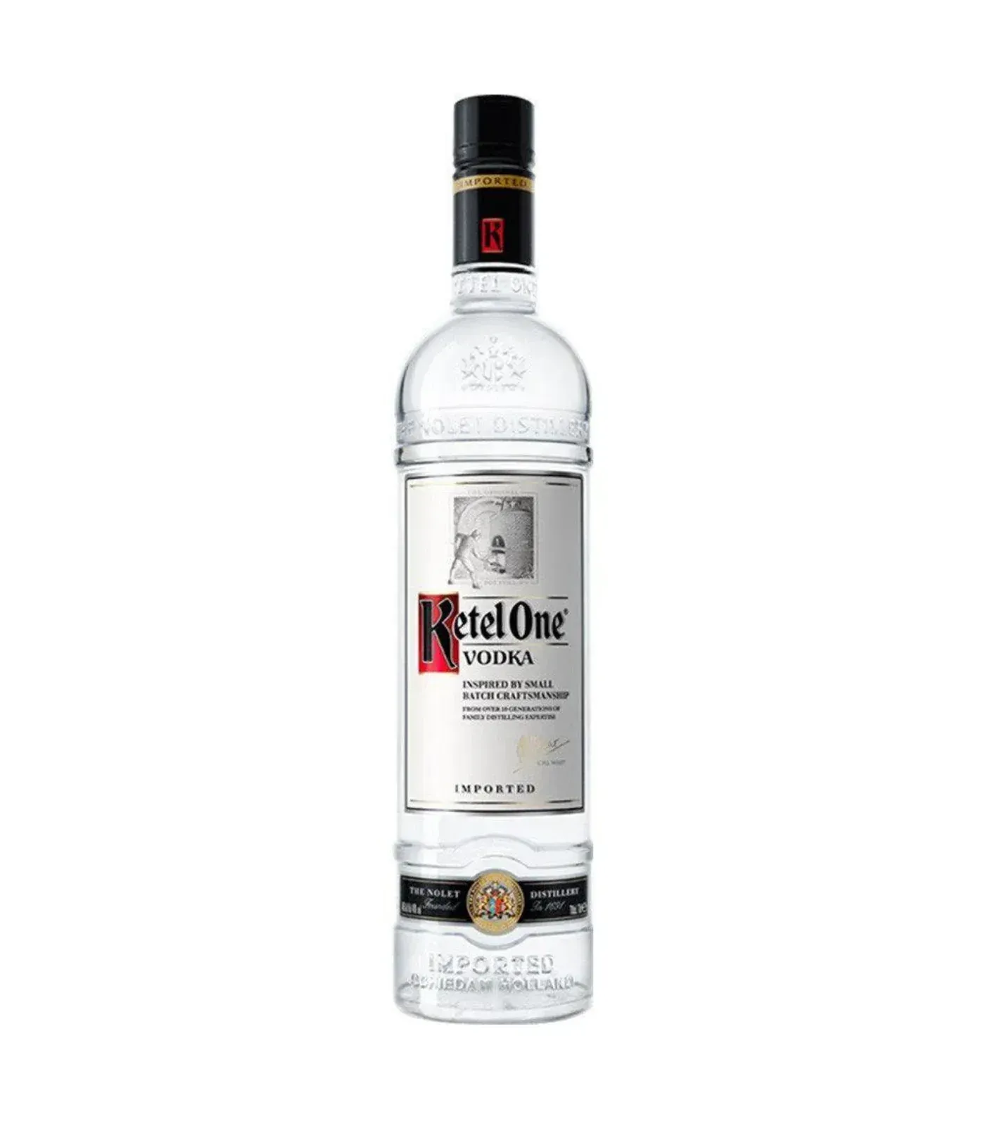 Bottle of Ketel One vodka; clear glass, white label with red text, black cap.