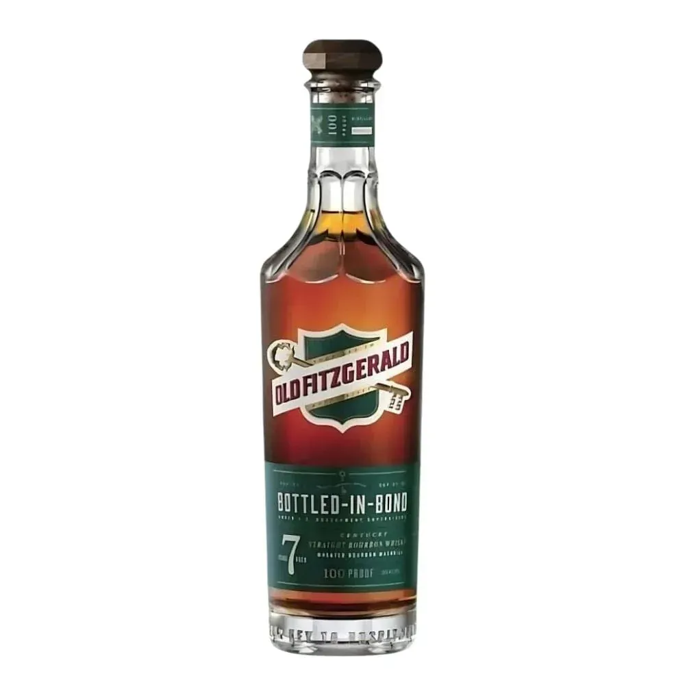 Bottle of Old Fitzgerald Bottled-in-Bond bourbon whiskey, with green and brown label.
