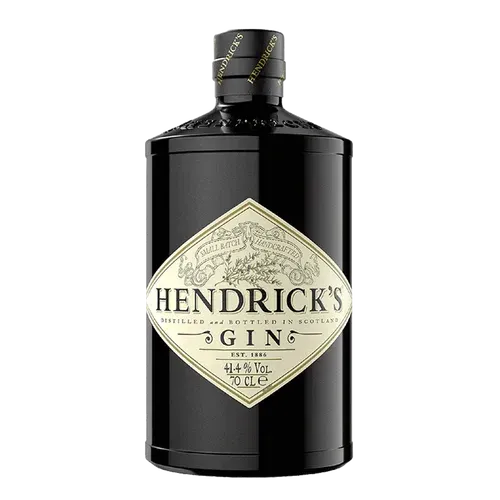 Black Hendrick's Gin bottle with cream diamond label.