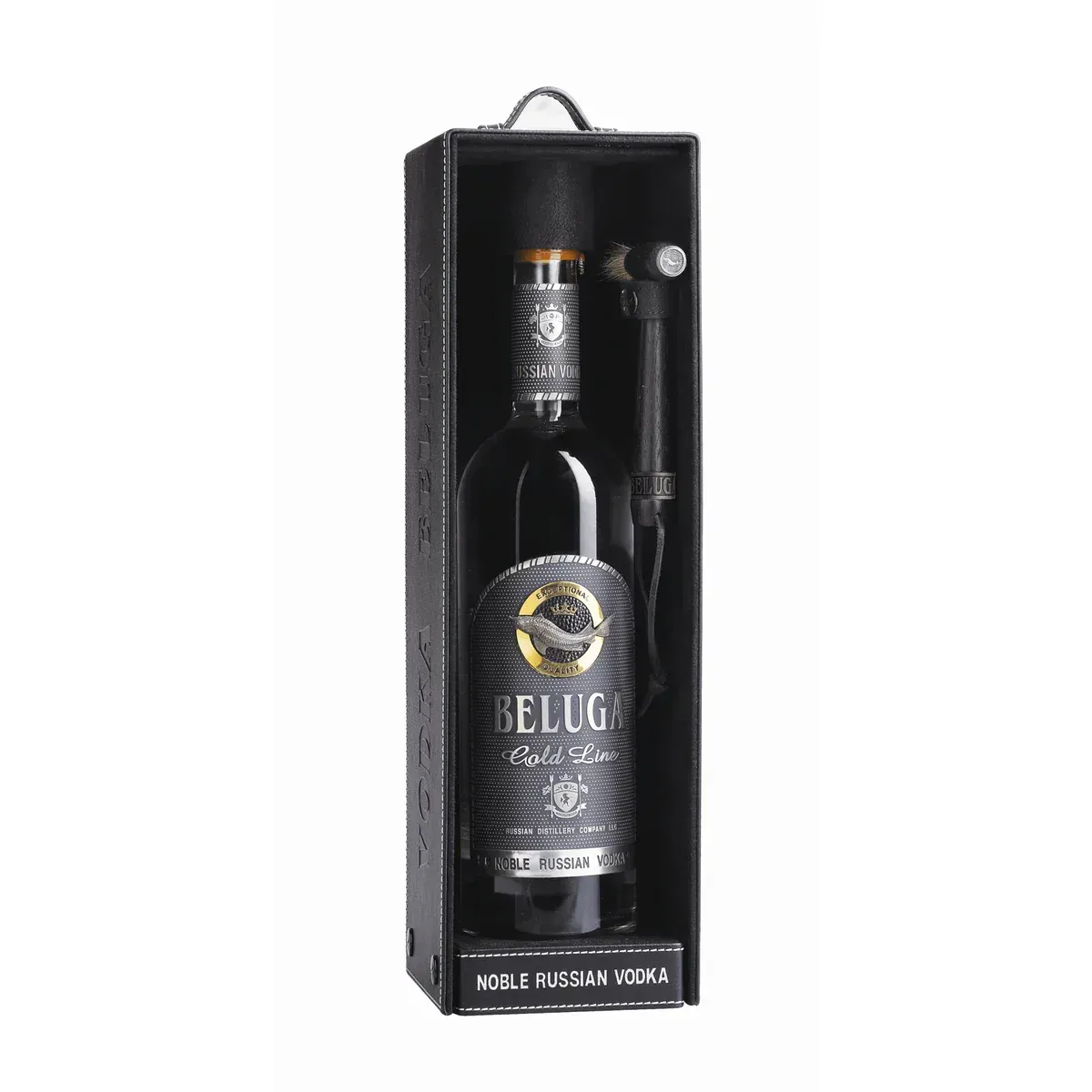 Beluga Noble Russian vodka bottle in a black presentation box.