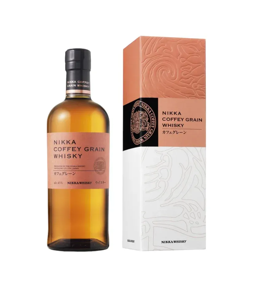 Bottle of Nikka Coffey Grain Whisky with its box.