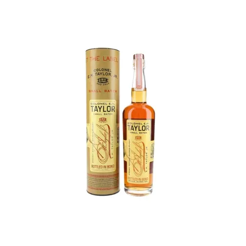 Bottle of E.H. Taylor Small Batch bourbon whiskey with its tube packaging against a white backdrop.