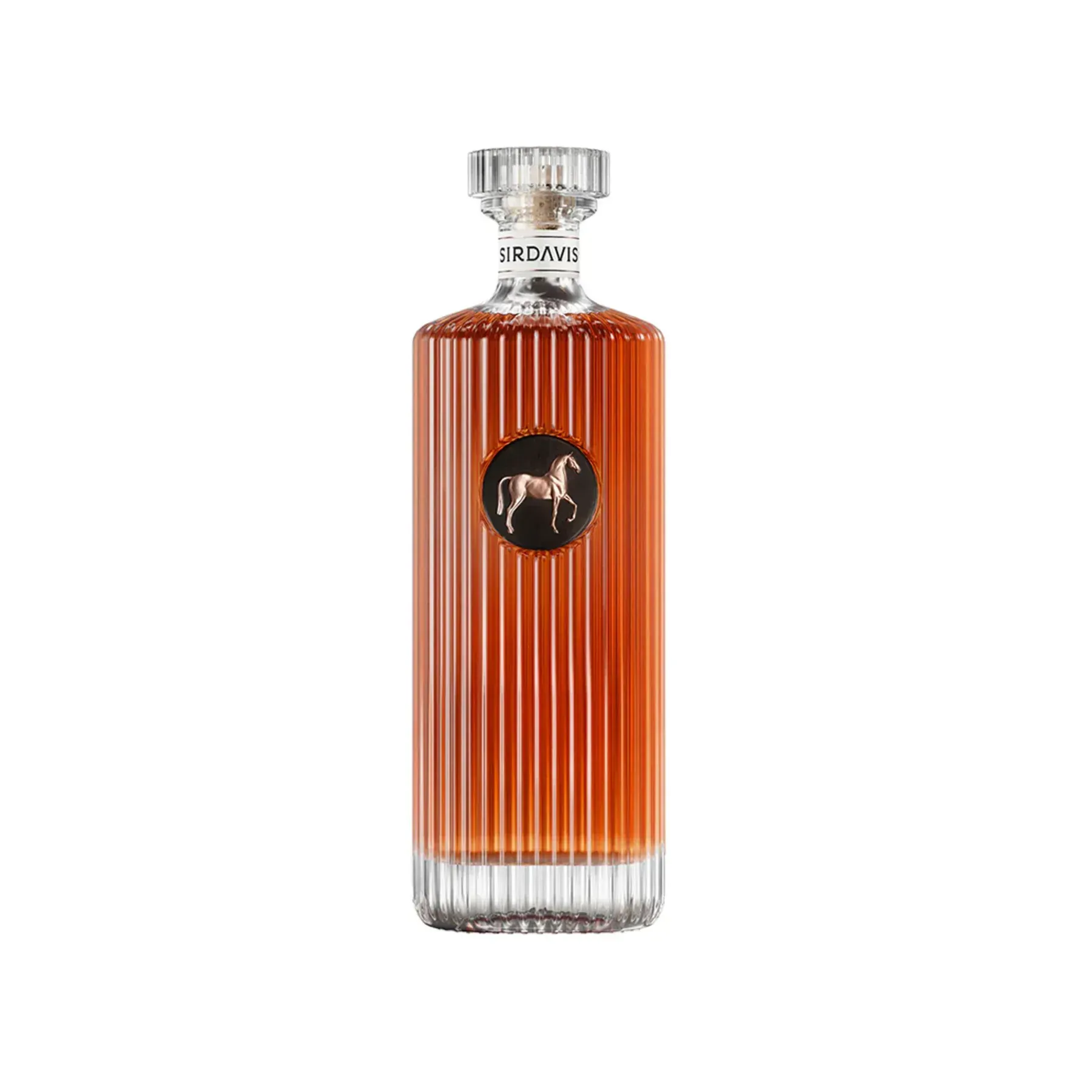 Bottle of brown liquor with a horse logo on a black circular emblem.