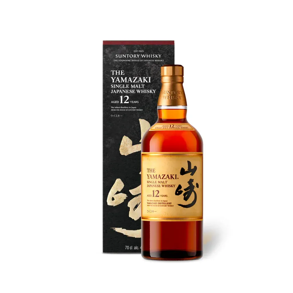 Bottle of Yamazaki 12 Year Old Japanese whisky with its black box.