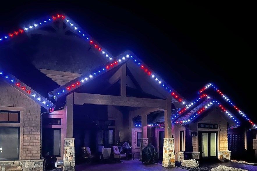 Gemstone Lights on a patio with peaks