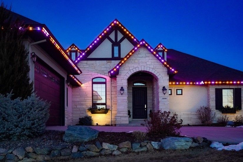 Fall coloured lighting on a stone house