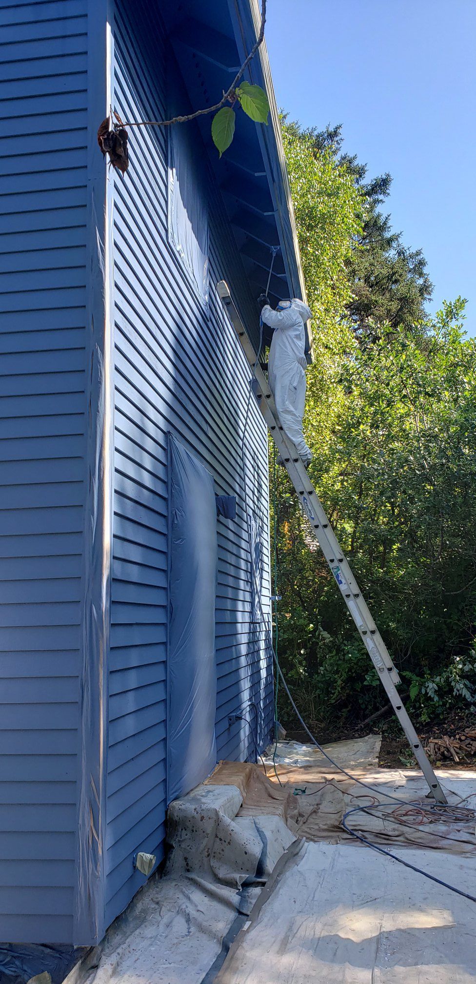 A man is painting a blue building with a ladder.