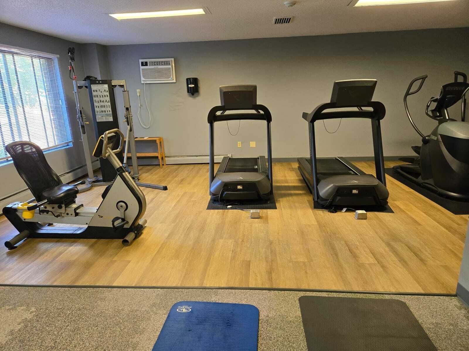 Indoor apartment community gym with two treadmills, a stationary bike, and weight machines.