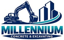 Millennium Concrete & Excavating logo with excavator and city skyline in blue and teal