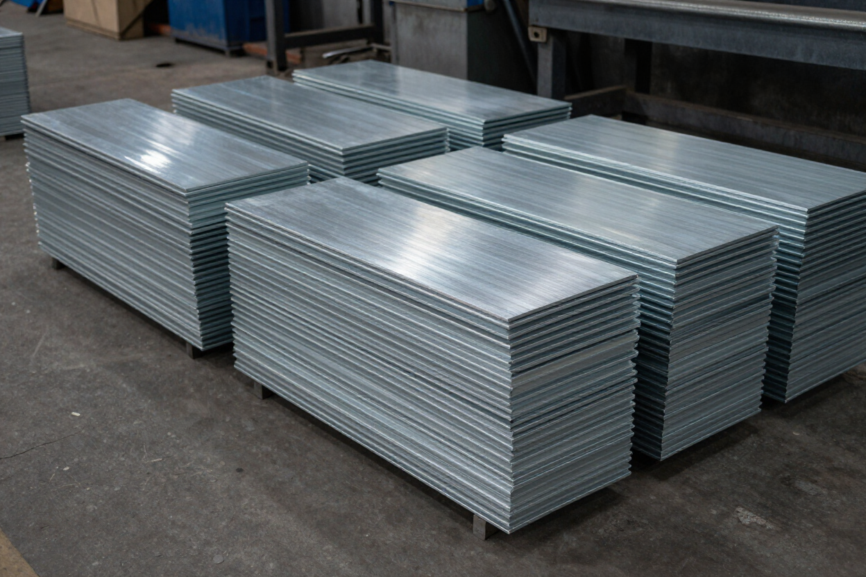 Pilas de paneles de metal galvanizado apiladas en el suelo de un taller.