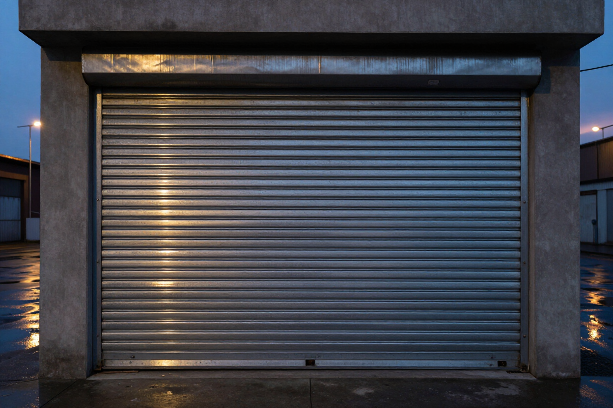 Puerta de garaje enrollable de metal gris cerrada en un edificio oscuro al anochecer, con el pavimento mojado reflejando la luz.