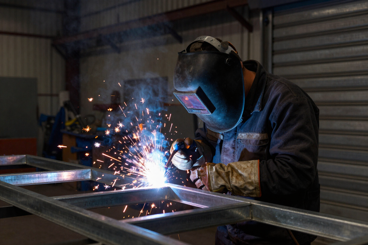 Un soldador produce chispas en el metal en un taller con poca luz, con casco y guantes de protección.