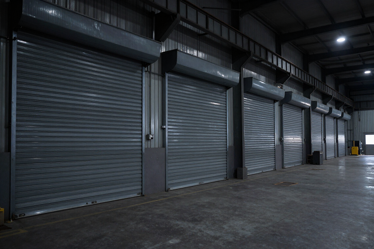 Interior vacío de un almacén con filas de contraventanas metálicas grises cerradas y suelo de hormigón.
