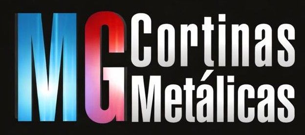 Logotipo con las letras “MG” en azul y rojo y el texto “Cortinas Metálicas” en blanco sobre un fondo negro.