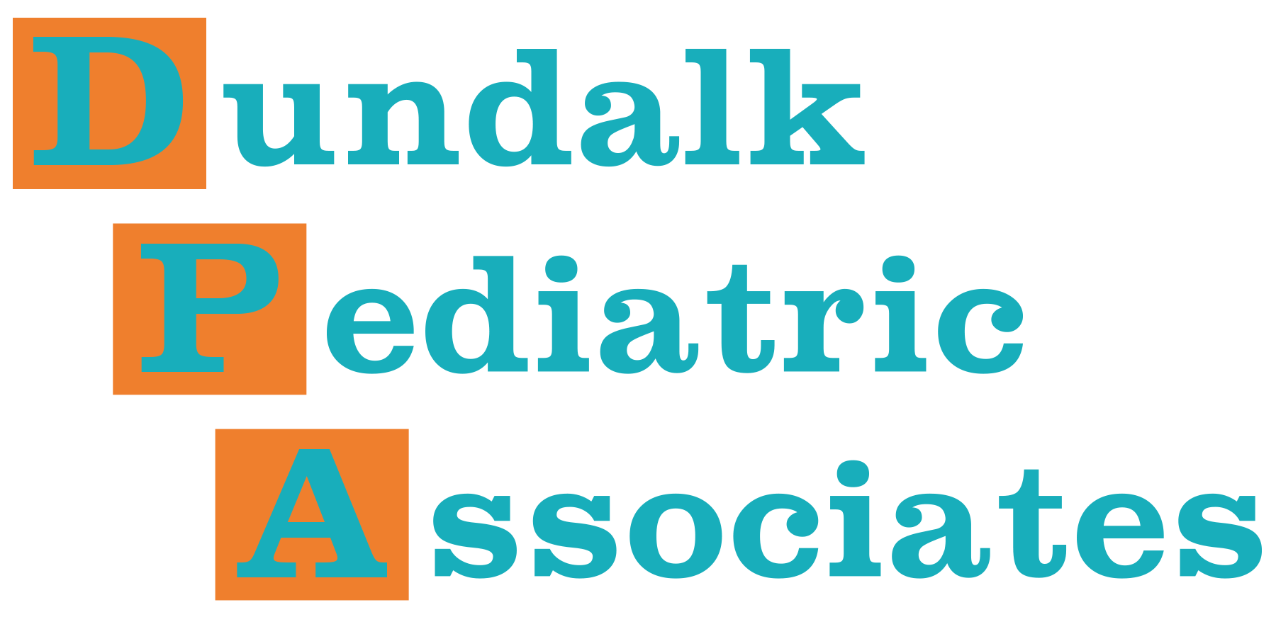 Logo for Dundalk Pediatric Associates. Orange squares with blue letters spell "DPA" above the name.