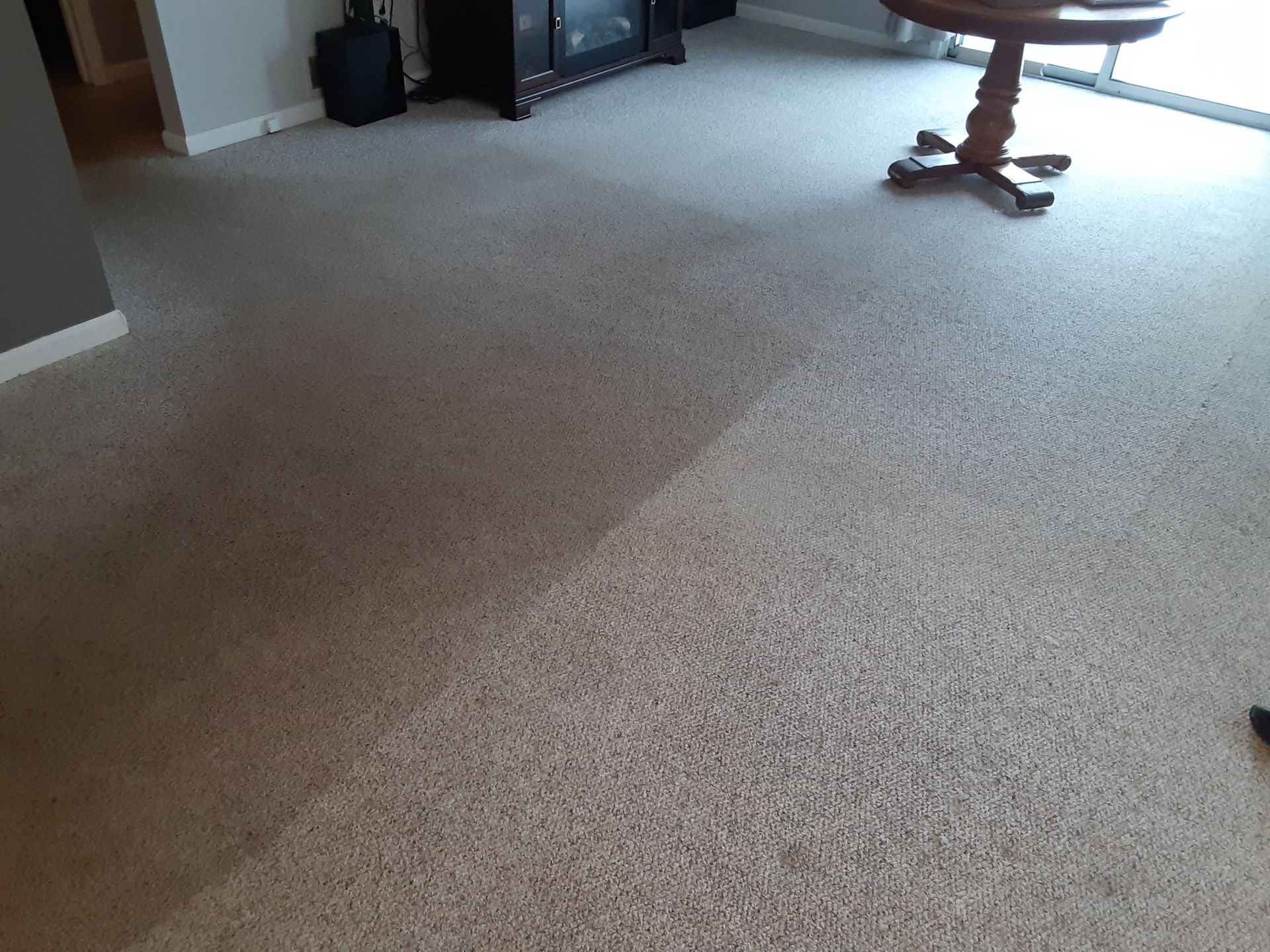 Cleaned carpet area adjacent to uncleaned carpet. Beige, living room setting.