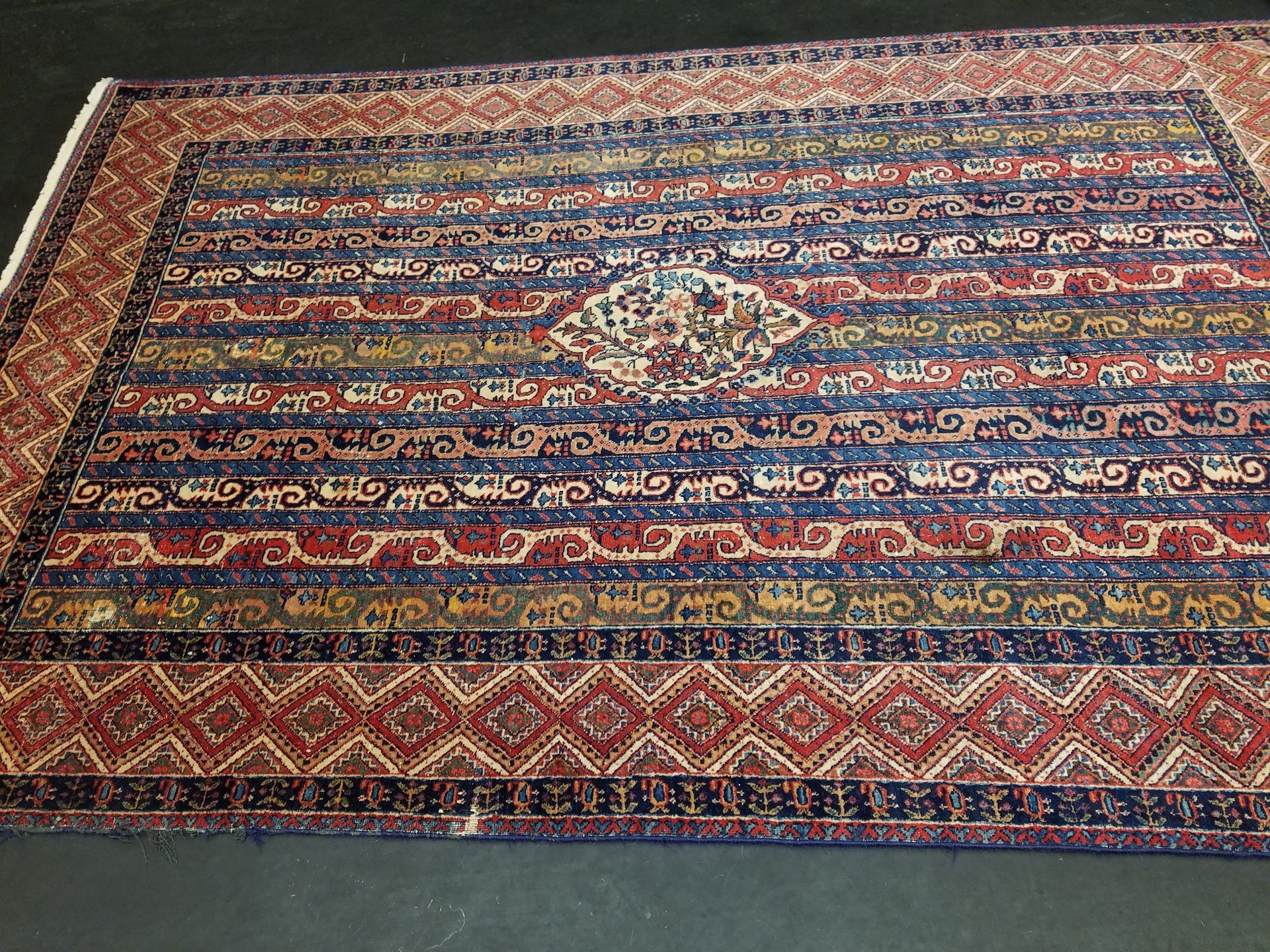 Multi-colored rectangular rug with striped pattern, diamond border, and central floral medallion.
