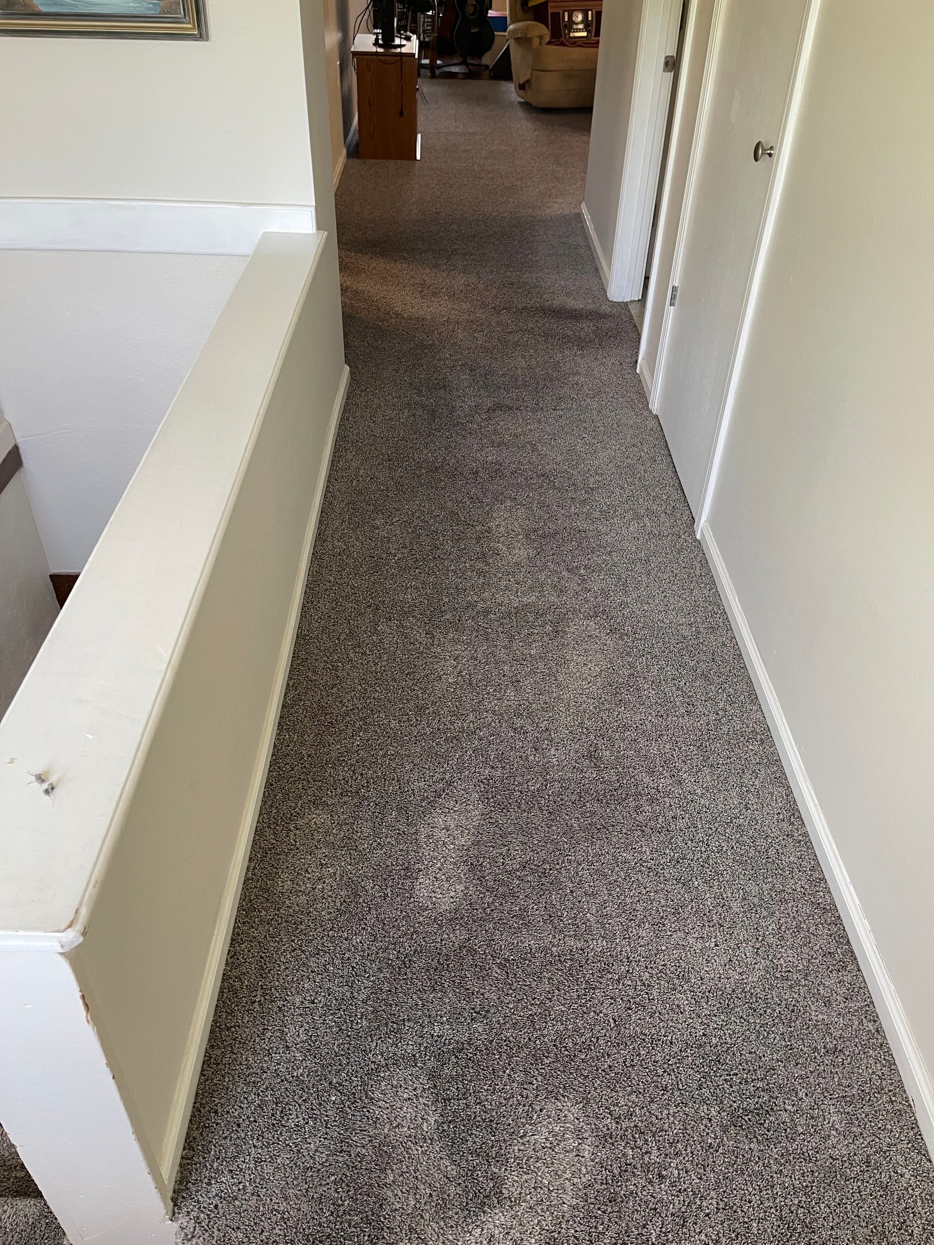Hallway with gray carpet, visible footprints, and white walls and railing.