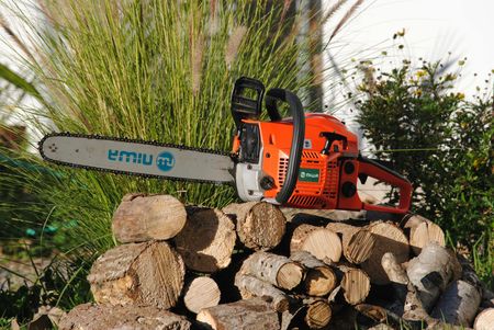 Orange chainsaw resting on stacked logs in a grassy outdoor setting