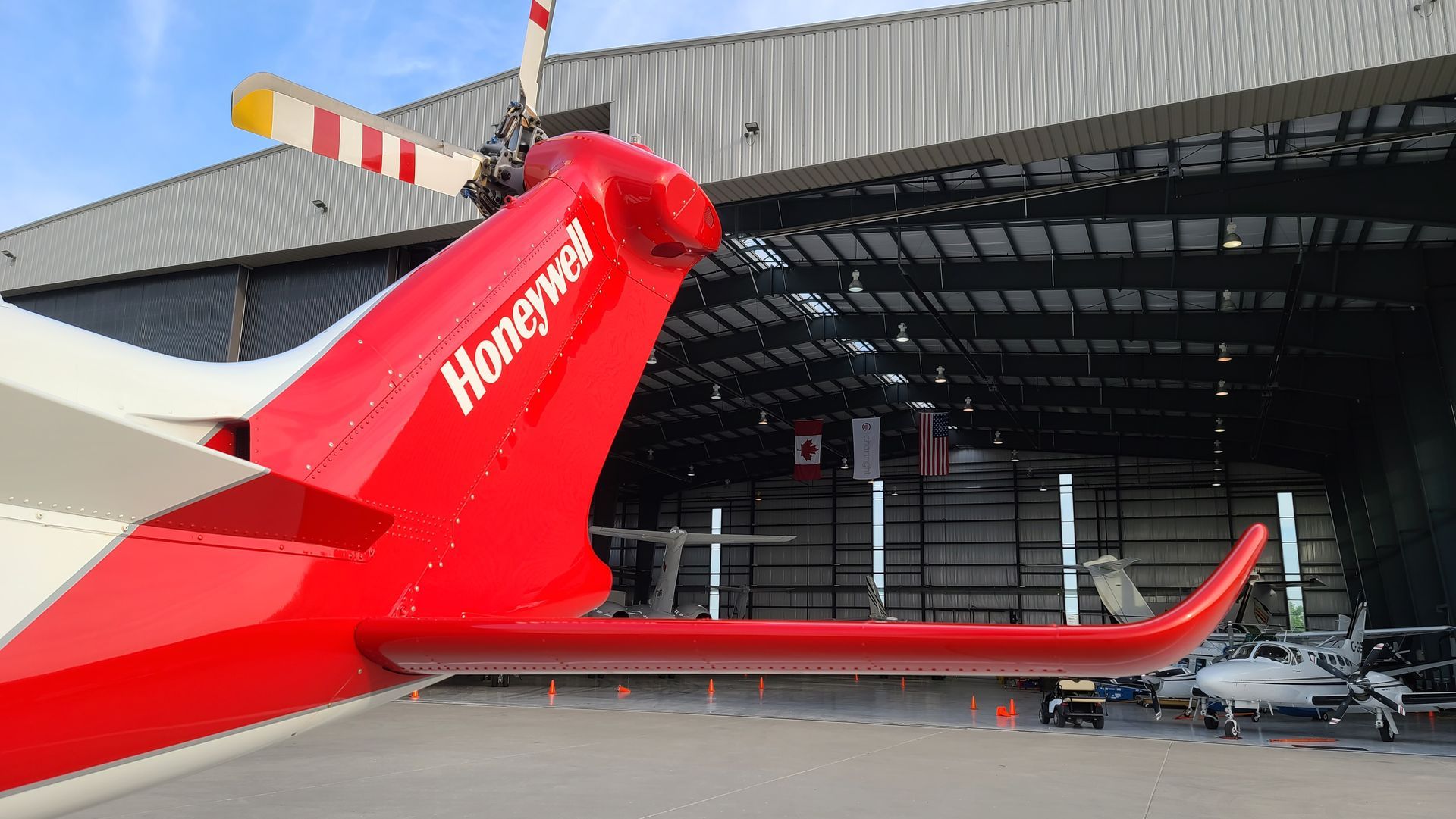 Red and white helicopter tail with