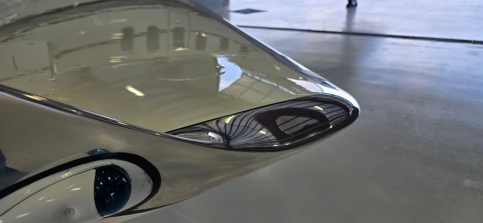 Polished wing of an aircraft reflects the environment around it.