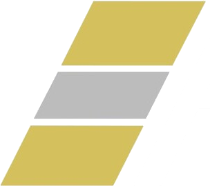 Three slanted, connected parallelograms: gold, silver, and gold.