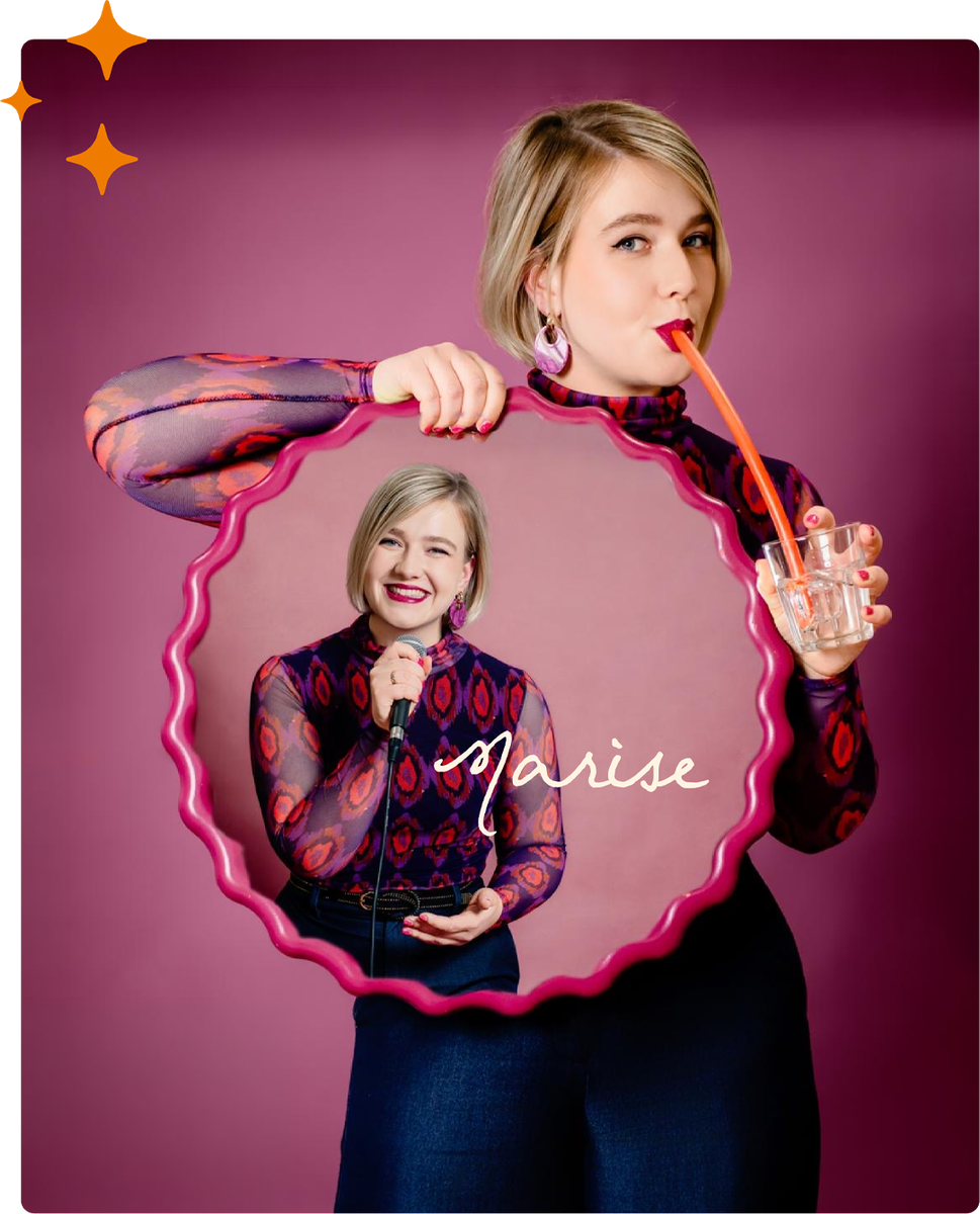Woman holding a pink wavy mirror, reflecting her smiling image on a magenta background.