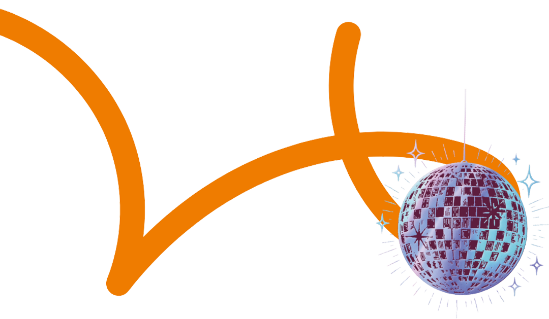 Orange curved arrow ending at a purple disco ball with sparkles on a white background