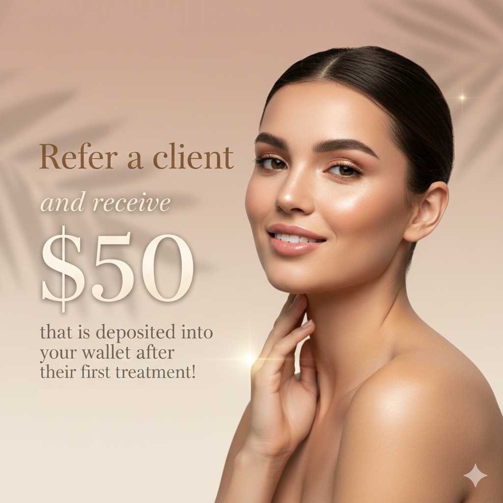 Refer a client and get $50. Woman in ad smiles. Beige background, text, and palm leaf shadows.