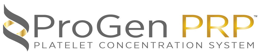 Logo for ProGen PRP platelet concentration system. Gray and gold design.