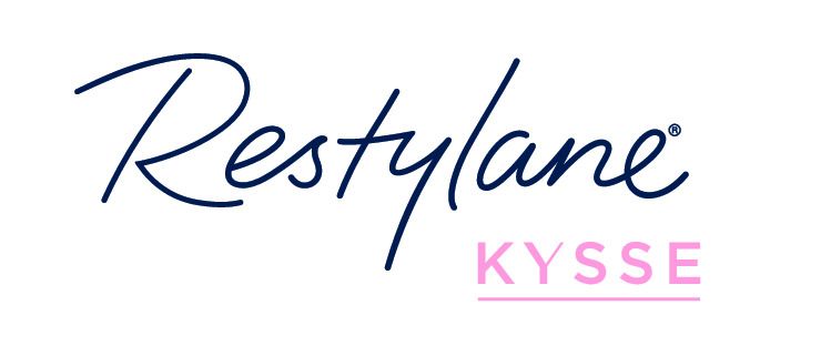 Restylane Kysse logo with dark blue script and pink text below.