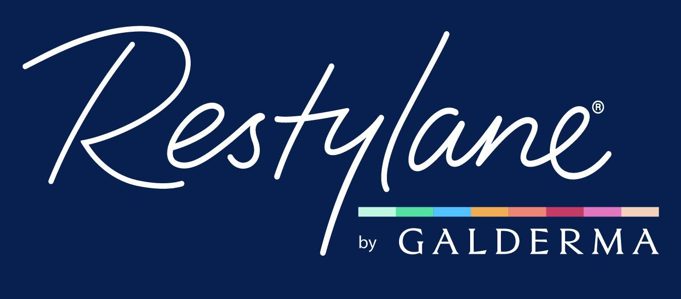Restylane logo on a navy blue background. White cursive text and a color bar. 