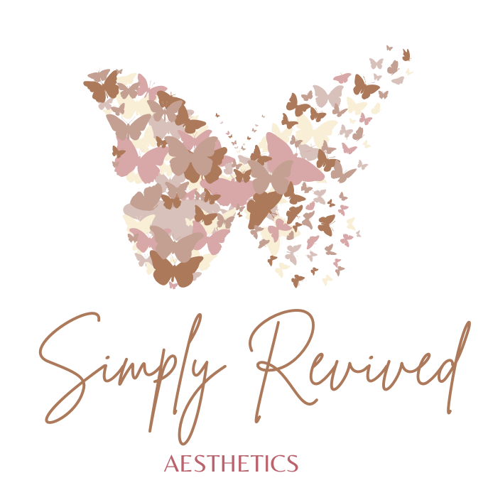 Logo for Simply Revived Aesthetics. Butterfly made of small butterflies in neutral colors, with "Simply Revived Aesthetics"
