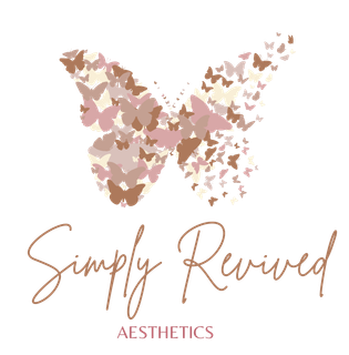 Logo for Simply Revived Aesthetics. Butterfly made of small butterflies in neutral colors, with "Simply Revived Aesthetics"