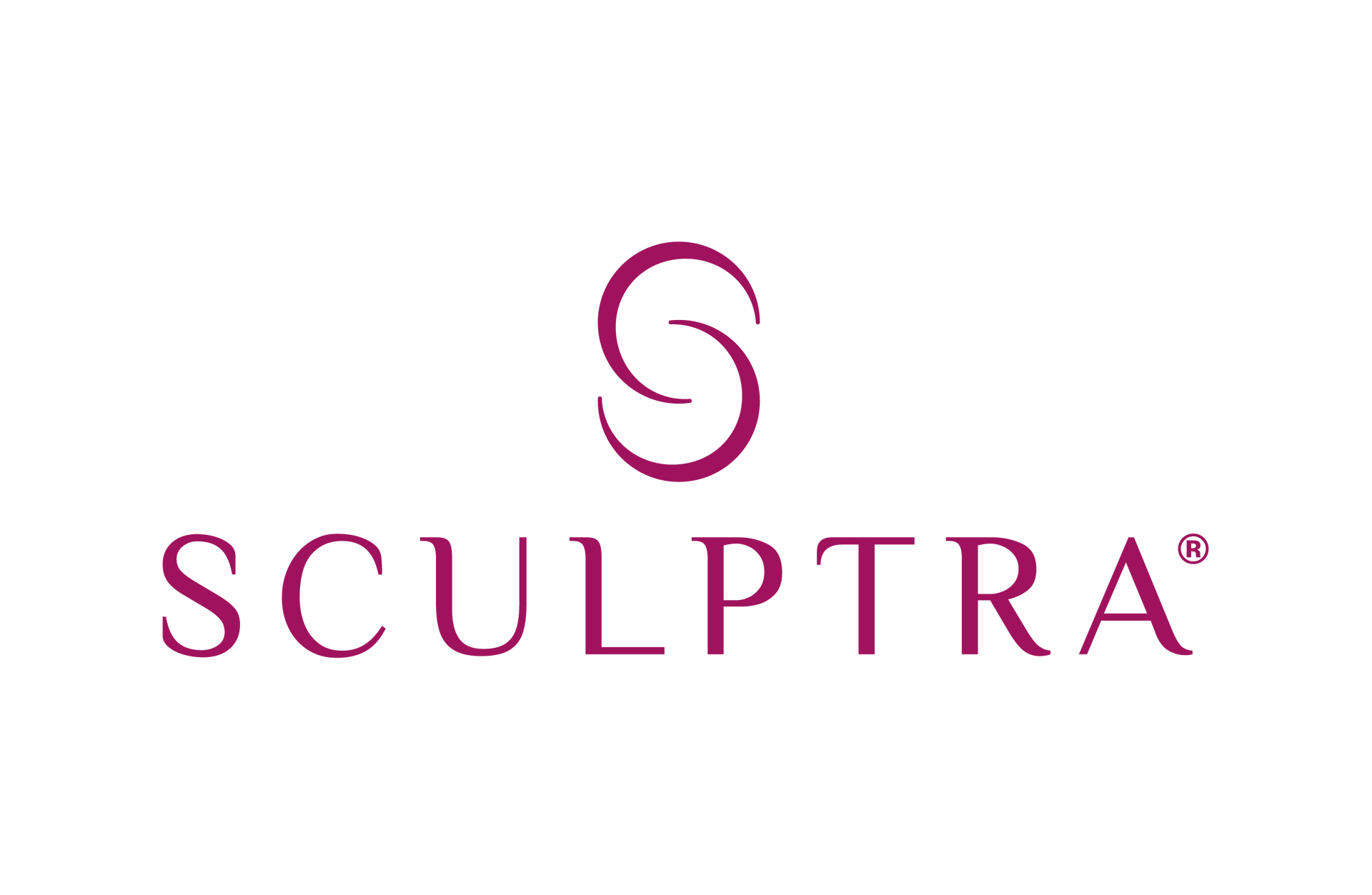 Sculptra logo: burgundy text and double-curve symbol on white background.