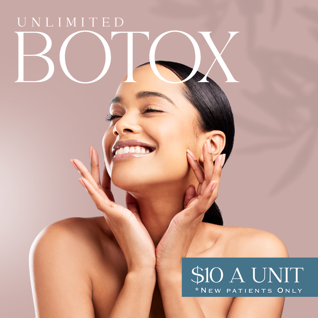 Ad for unlimited Botox. Smiling person touching face. 