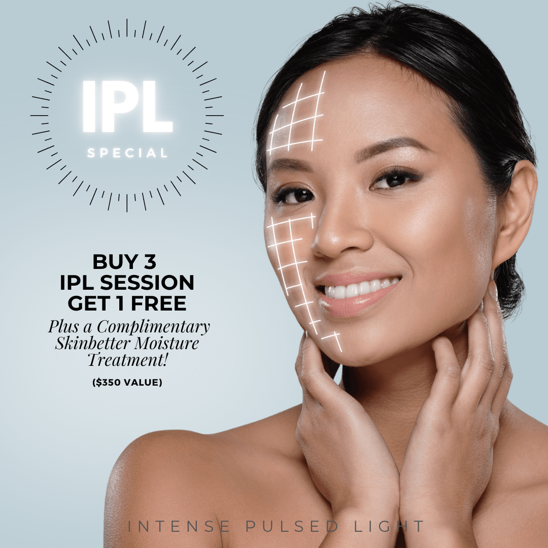 Ad for IPL treatment. Woman with highlighted face, smiling. 