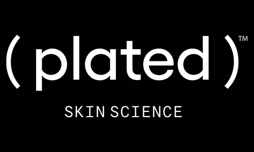 Logo for Plated Skin Science, white text on black background.