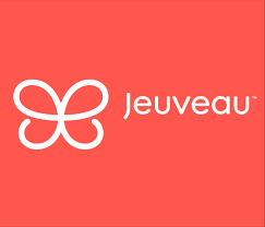 Logo of Jeuveau, white butterfly-like symbol next to the brand name on a coral background.