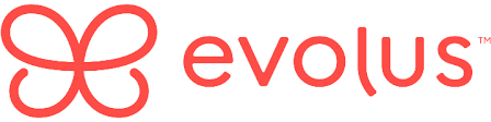 Red Evolus logo with a stylized butterfly-like shape. Text reads 