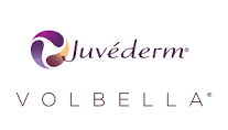 Juvederm Volbella logo: purple and gold swirl, the brand name and product name in black.