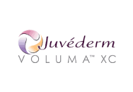 Juvederm Voluma XC logo with abstract swirl design in pink, purple, and gold.